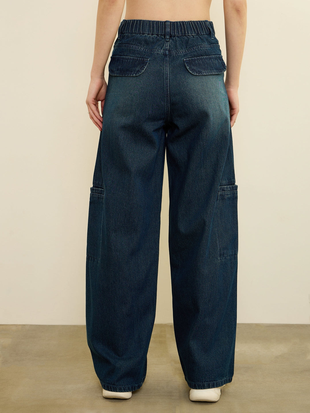 Women Navy Acid Wash Wide Leg Jeans
