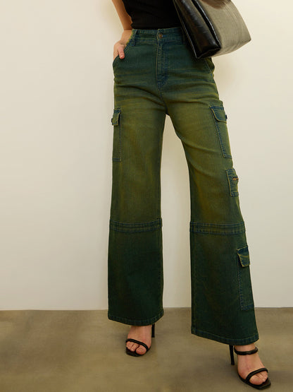Women Green Overdyed Denim Straight Fit Jeans