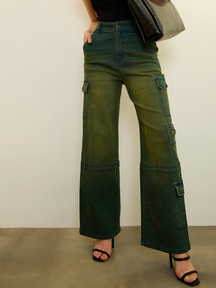 Women Green Overdyed Denim Straight Fit Jeans