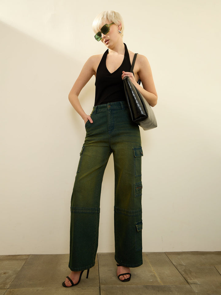 Women Green Overdyed Denim Straight Fit Jeans