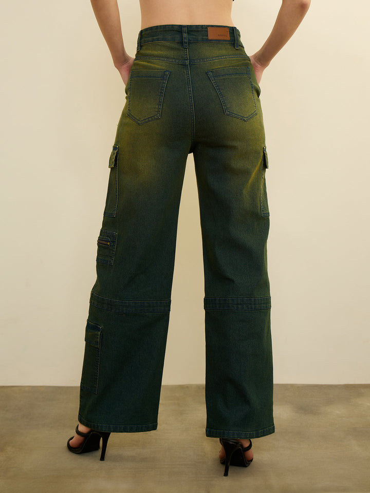 Women Green Overdyed Denim Straight Fit Jeans