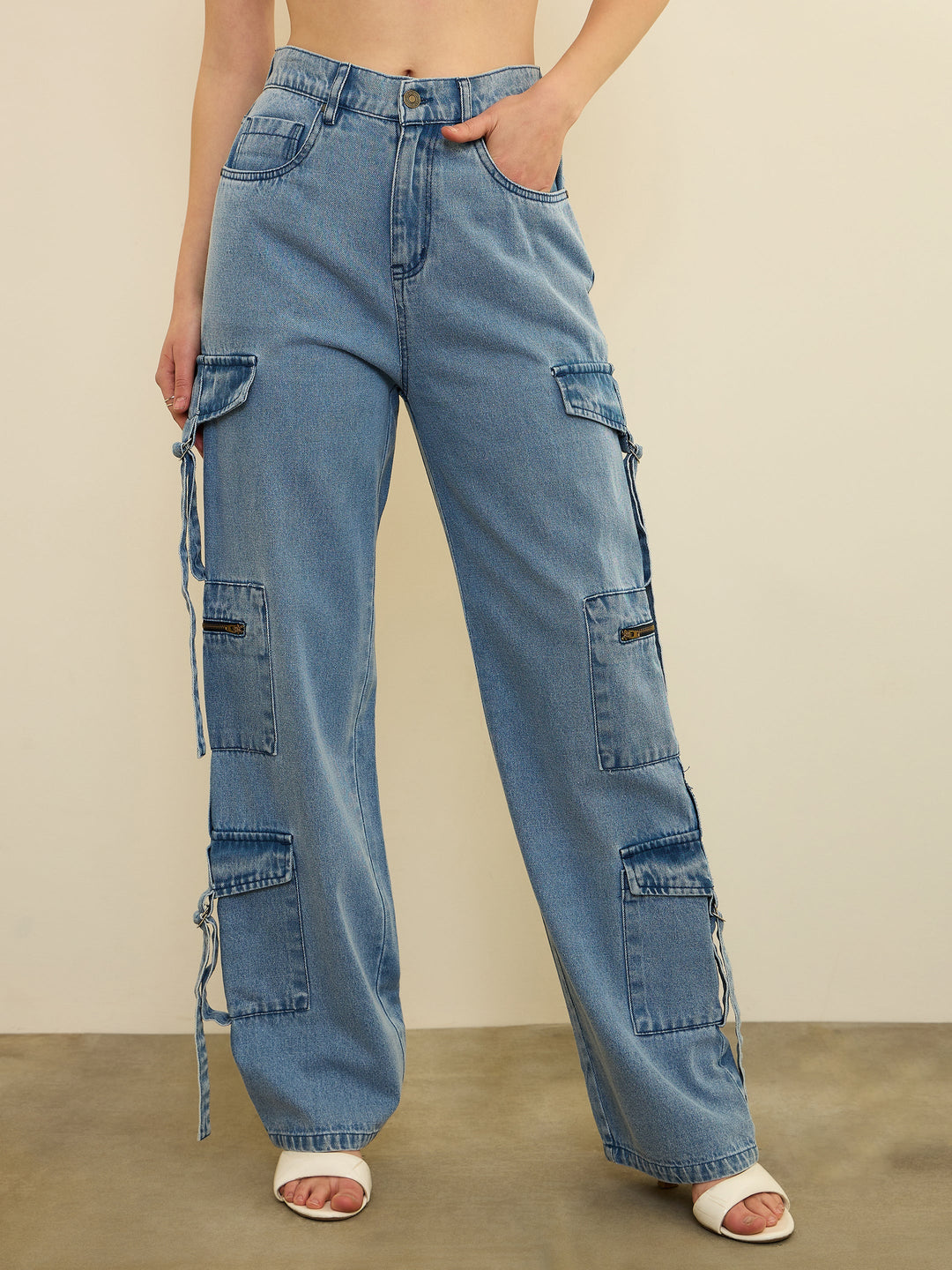 Women Ice Blue Zipper Pocket Cargo Straight Jeans
