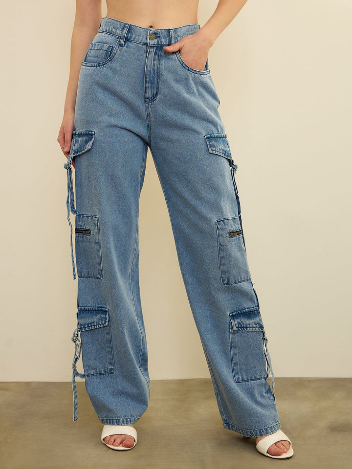 Women Ice Blue Zipper Pocket Cargo Straight Jeans