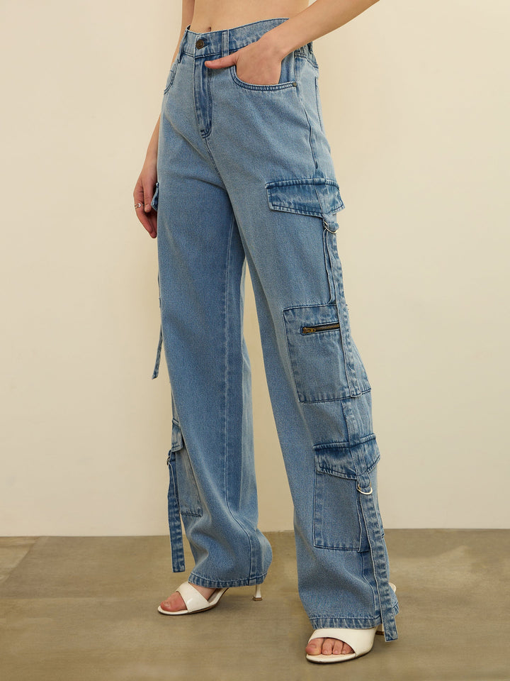 Women Ice Blue Zipper Pocket Cargo Straight Jeans
