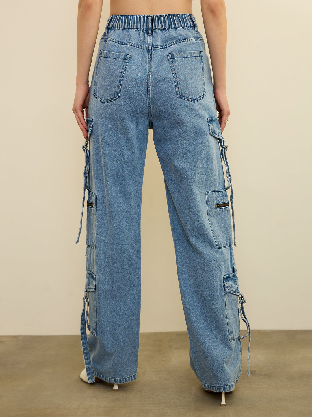 Women Ice Blue Zipper Pocket Cargo Straight Jeans