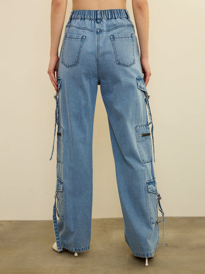 Women Ice Blue Zipper Pocket Cargo Straight Jeans