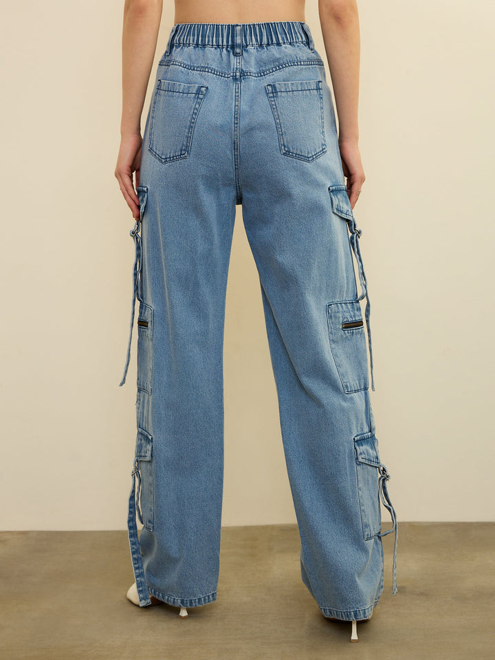 Women Ice Blue Zipper Pocket Cargo Straight Jeans