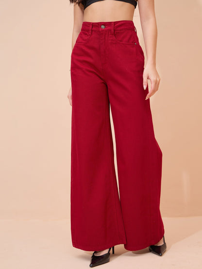 Women Red Straight Fit Flared Jeans