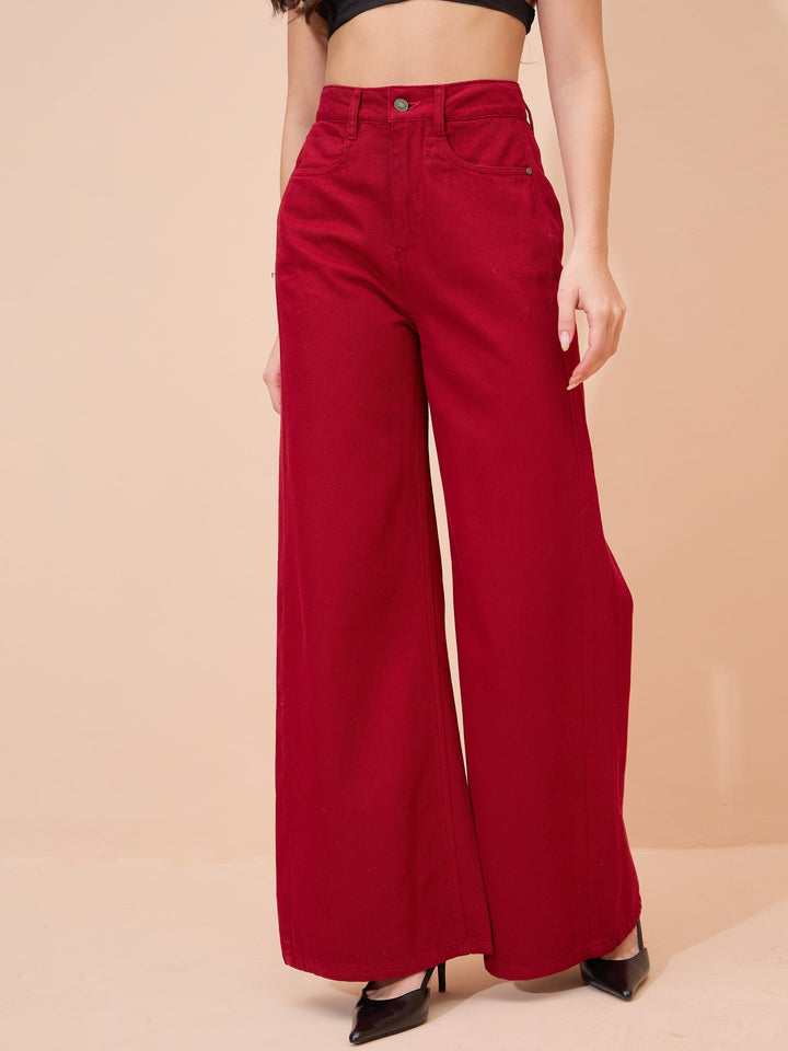 Women Red Straight Fit Flared Jeans
