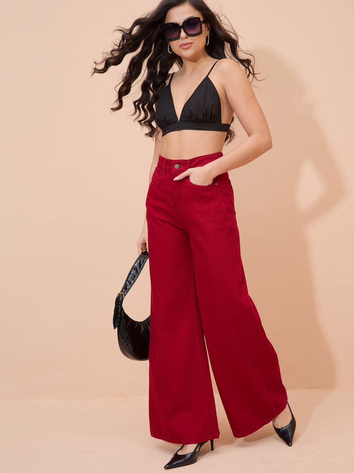Women Red Straight Fit Flared Jeans