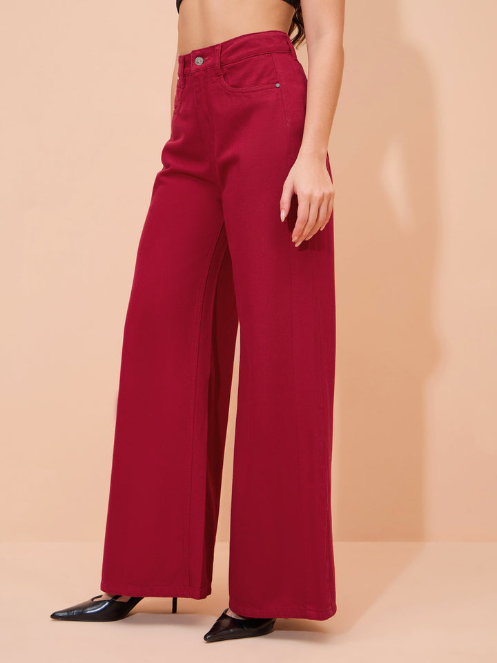 Women Red Straight Fit Flared Jeans