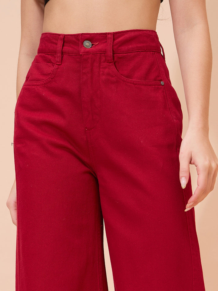 Women Red Straight Fit Flared Jeans