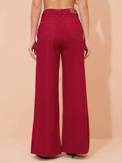 Women Red Straight Fit Flared Jeans