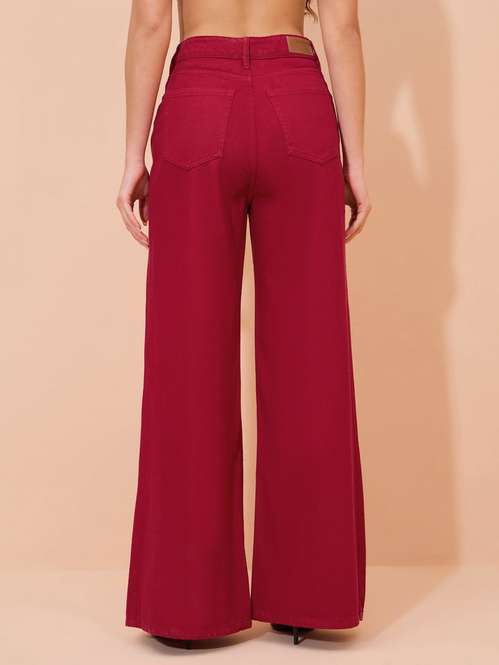Women Red Straight Fit Flared Jeans