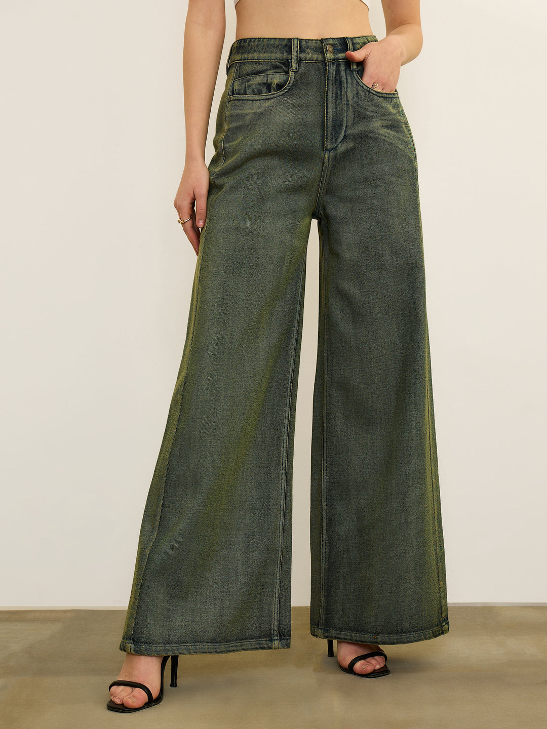 Women Green Overdyed Straight Fit Flared Jeans
