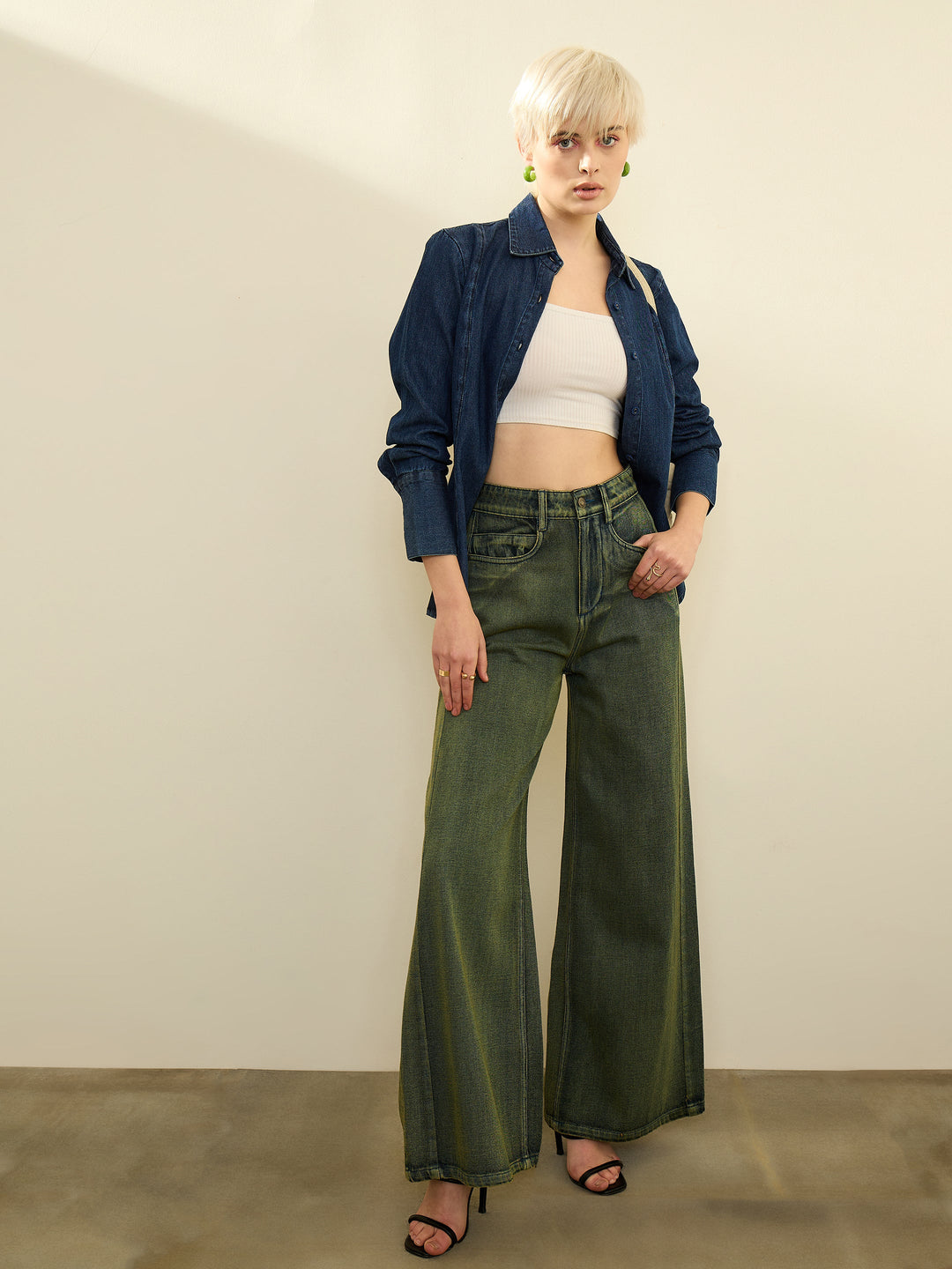 Women Green Overdyed Straight Fit Flared Jeans