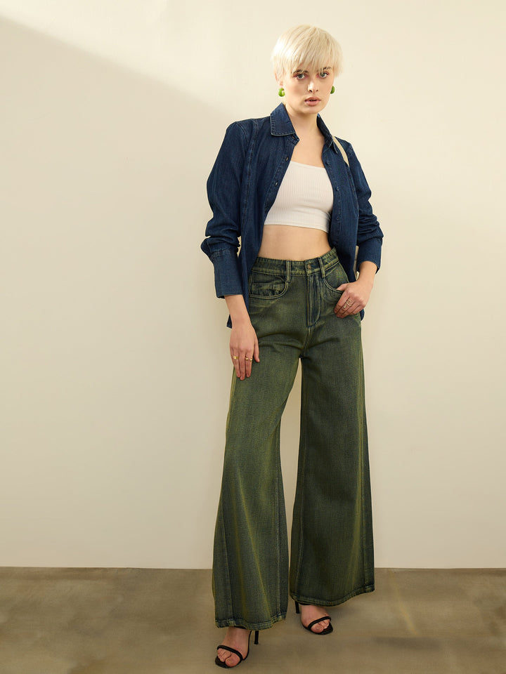Women Green Overdyed Straight Fit Flared Jeans