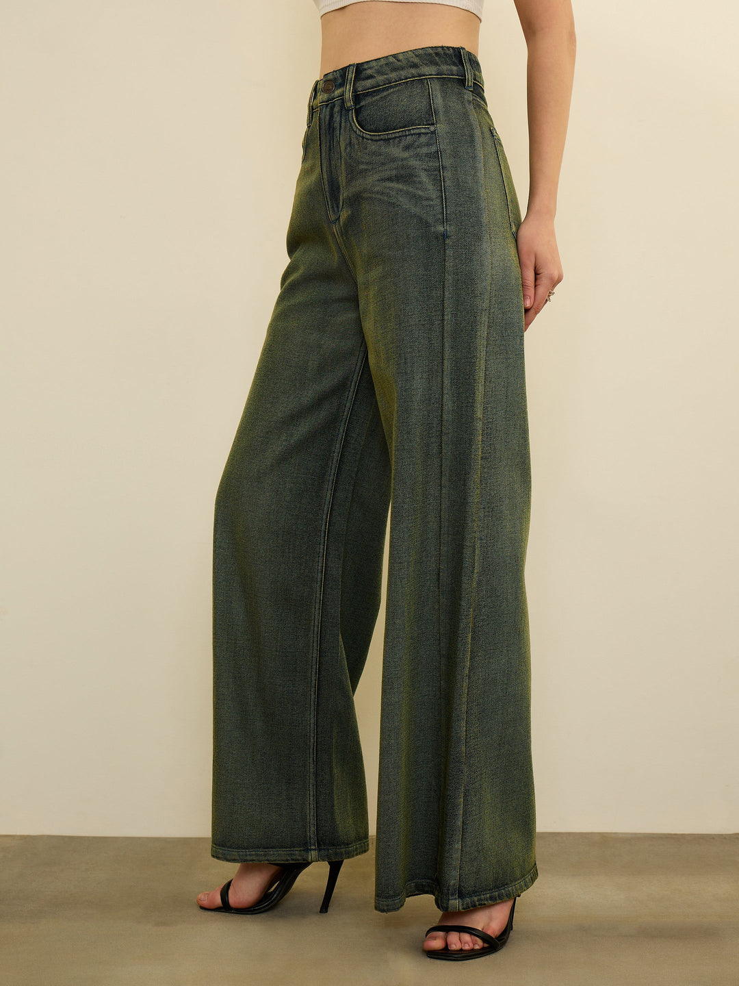 Women Green Overdyed Straight Fit Flared Jeans