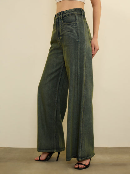 Women Green Overdyed Straight Fit Flared Jeans