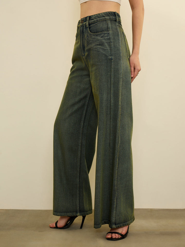 Women Green Overdyed Straight Fit Flared Jeans