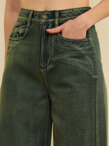 Women Green Overdyed Straight Fit Flared Jeans