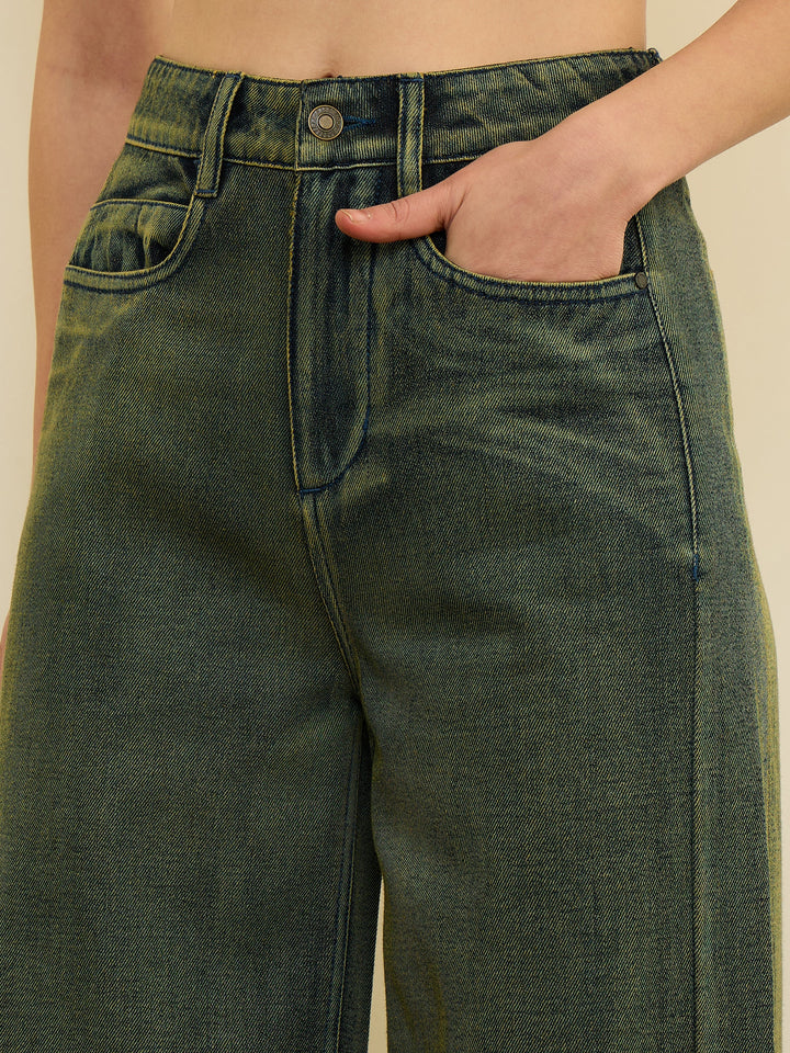 Women Green Overdyed Straight Fit Flared Jeans