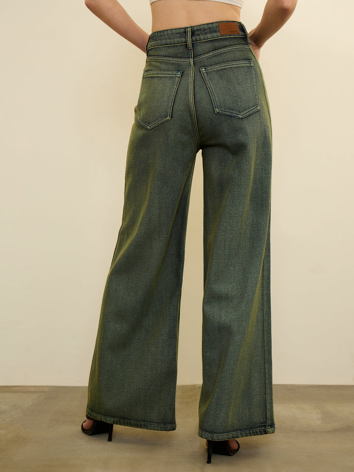 Women Green Overdyed Straight Fit Flared Jeans