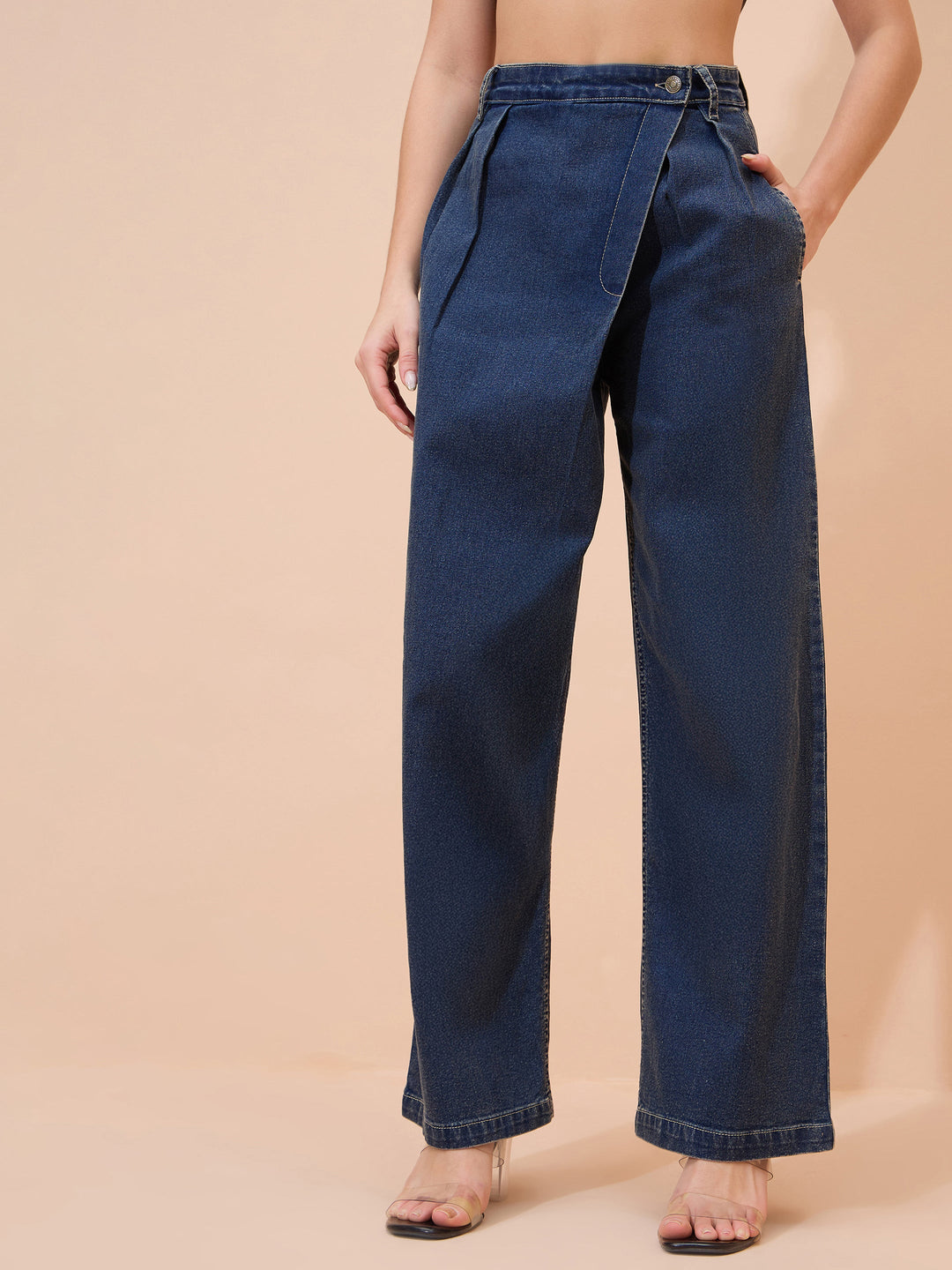 Women Blue Acid Wash Wrap Straight Jeans
