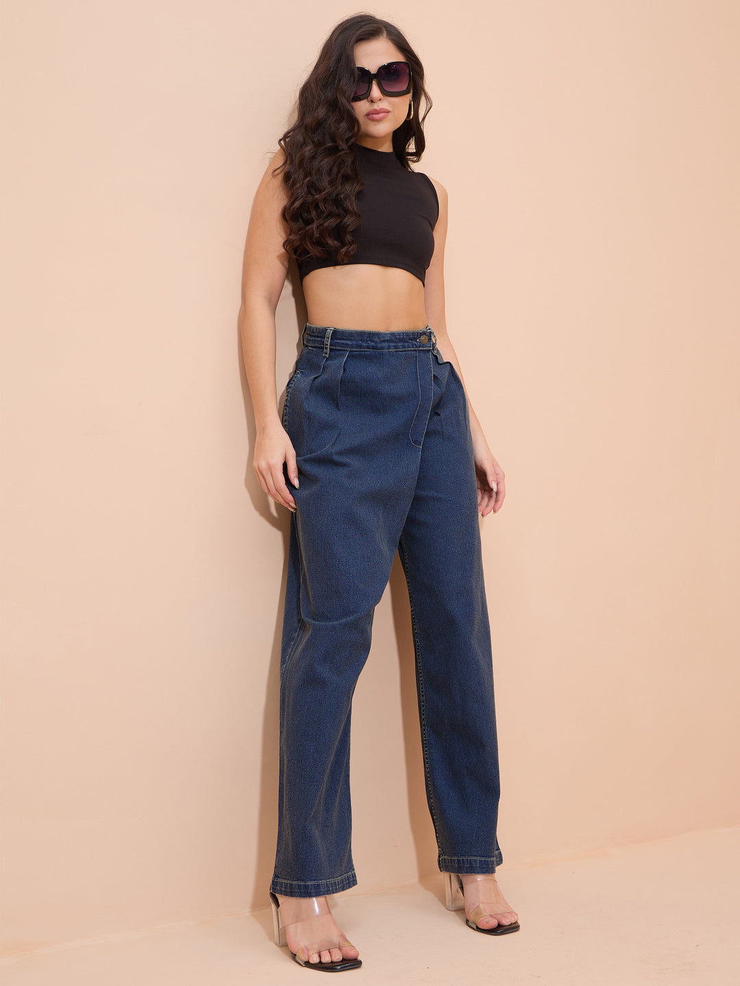 Women Blue Acid Wash Wrap Straight Jeans