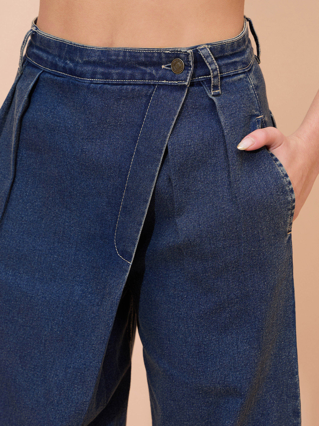 Women Blue Acid Wash Wrap Straight Jeans