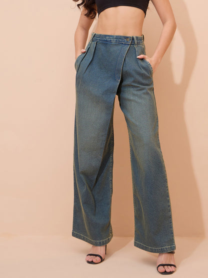 Women Green Acid Wash Wrap Straight Jeans
