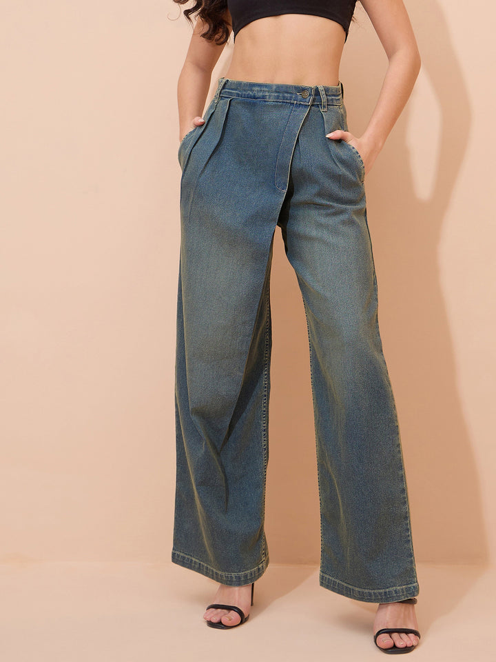 Women Green Acid Wash Wrap Straight Jeans