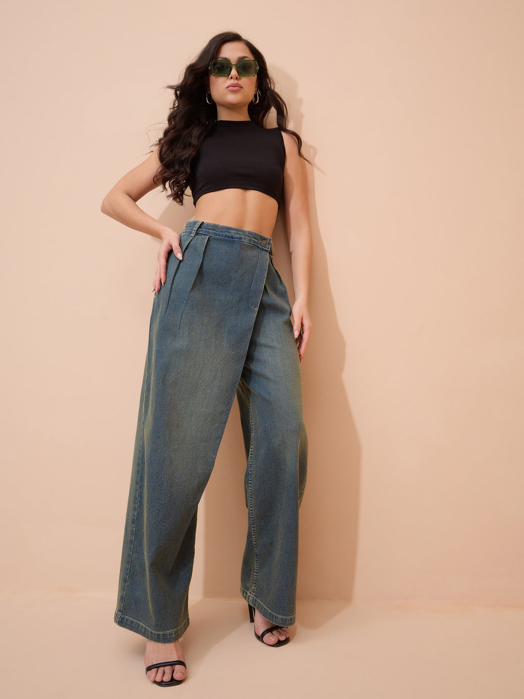 Women Green Acid Wash Wrap Straight Jeans
