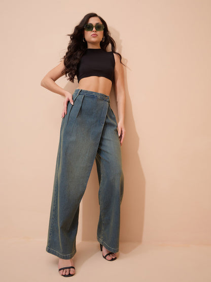 Women Green Acid Wash Wrap Straight Jeans
