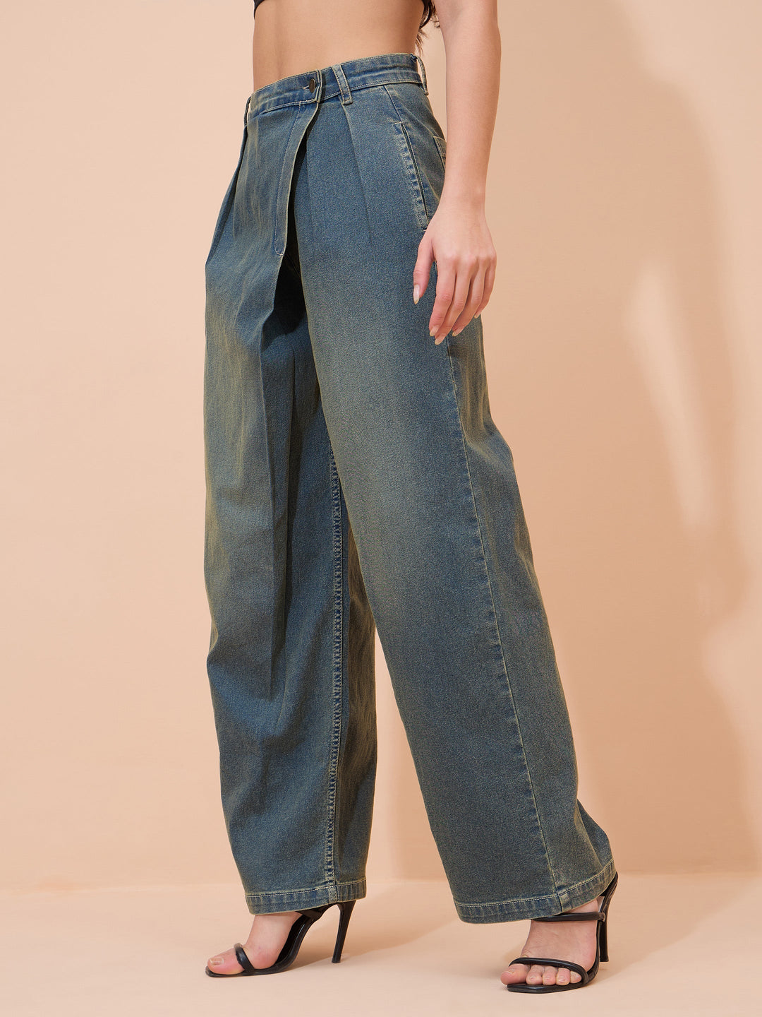 Women Green Acid Wash Wrap Straight Jeans