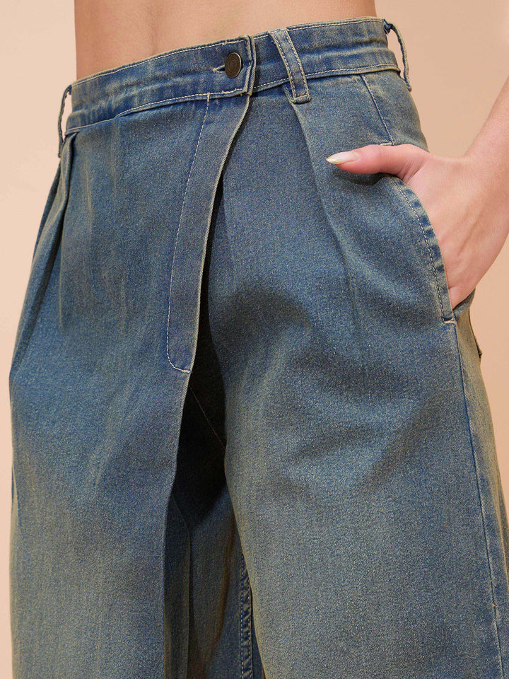 Women Green Acid Wash Wrap Straight Jeans