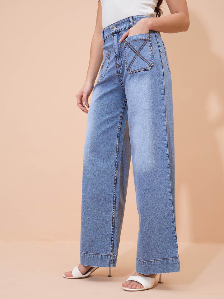 Women Blue Acid Wash Front Pocket Straight Fit Jeans
