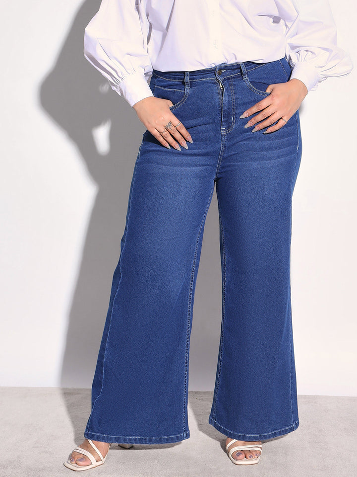 Women Navy Denim Side Seam Basic Straight Jeans