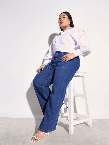Women Navy Denim Side Seam Basic Straight Jeans