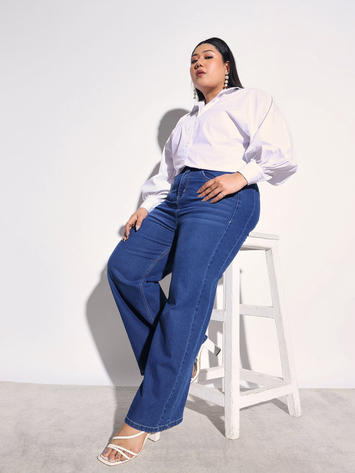 Women Navy Denim Side Seam Basic Straight Jeans