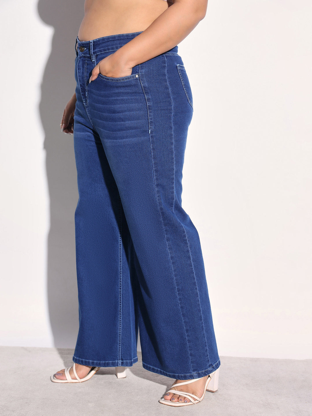 Women Navy Denim Side Seam Basic Straight Jeans