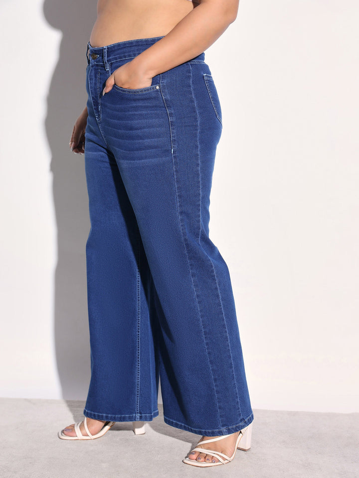 Women Navy Denim Side Seam Basic Straight Jeans