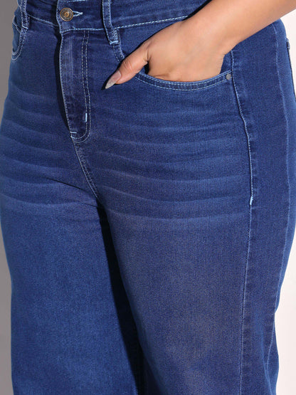 Women Navy Denim Side Seam Basic Straight Jeans
