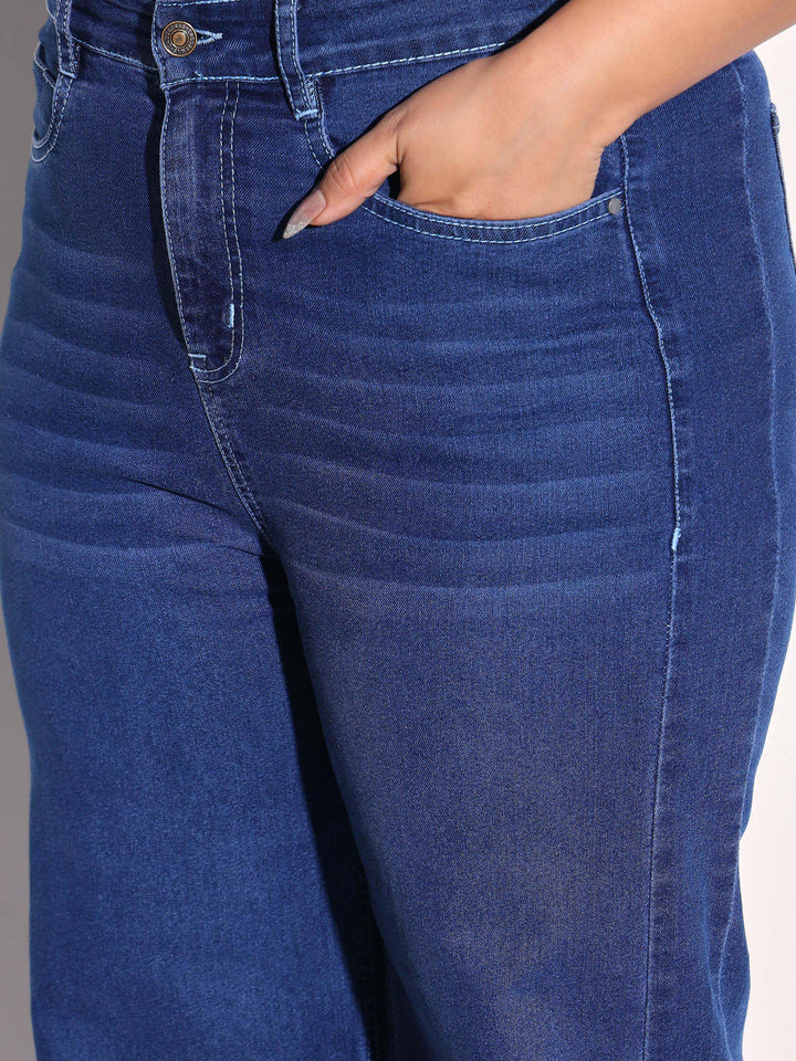 Women Navy Denim Side Seam Basic Straight Jeans