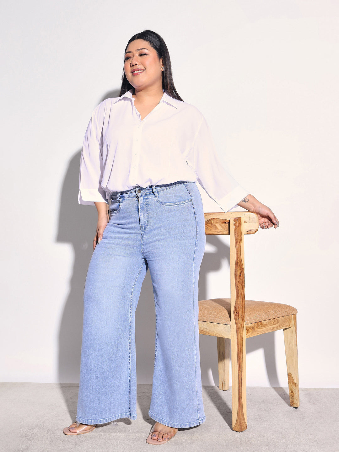 Women Ice Blue Denim Side Seam Basic Straight Jeans