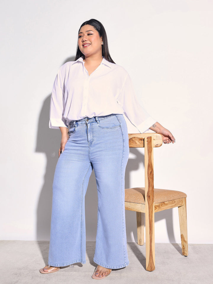 Women Ice Blue Denim Side Seam Basic Straight Jeans