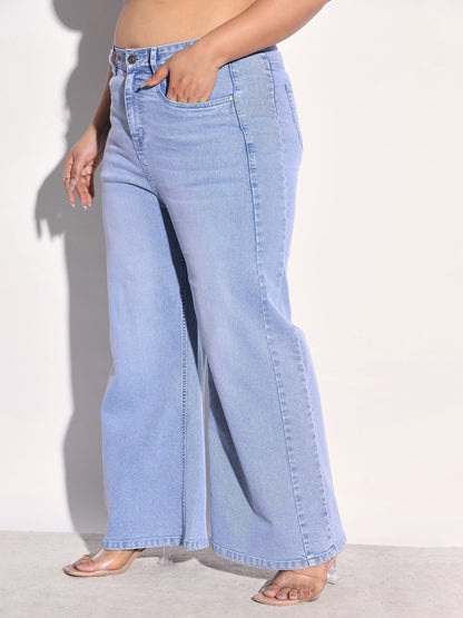 Women Ice Blue Denim Side Seam Basic Straight Jeans
