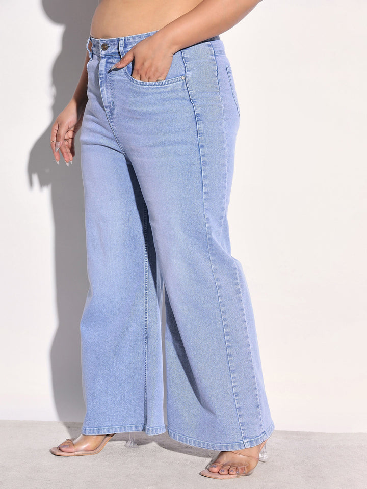 Women Ice Blue Denim Side Seam Basic Straight Jeans