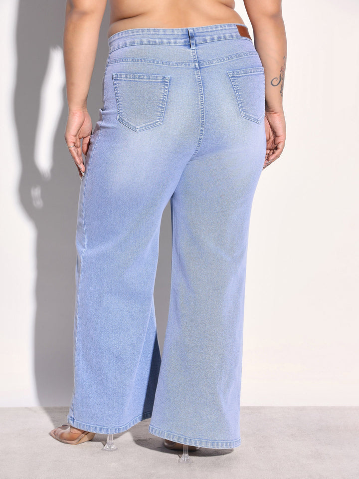 Women Ice Blue Denim Side Seam Basic Straight Jeans