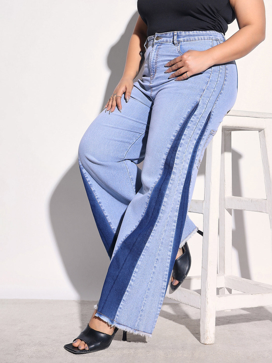 Women Ice Blue Denim Side Color Block Flared Jeans